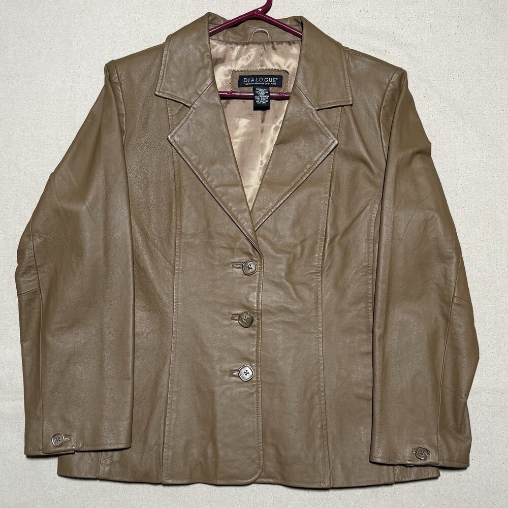 Dialogue Womens 100% Leather Jacket Blazer Button Coat Size Medium Bronze Brown